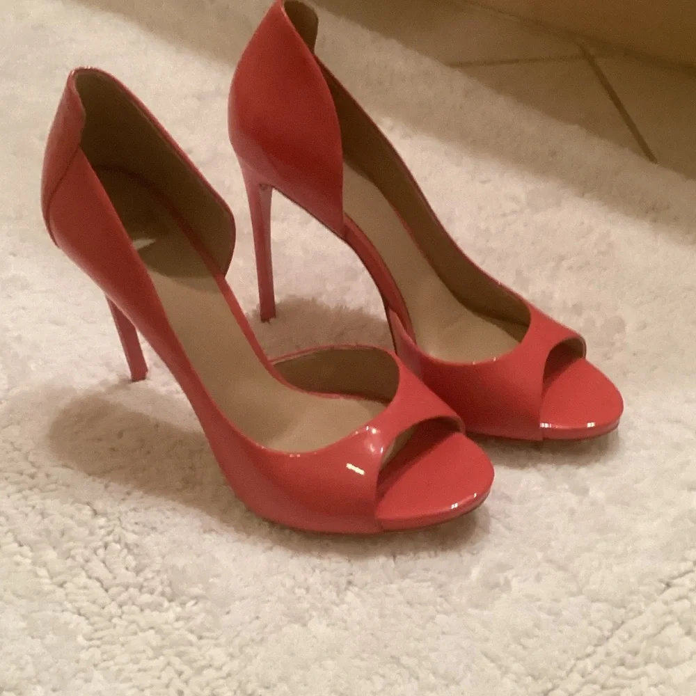 Guess by Marciano Coral Patent Peep-Toe Stilettos
